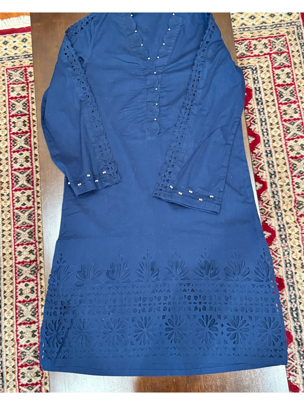MARIA B Pakistani 3PC Laser Cut Lawn Suit Navy Blue White Medium